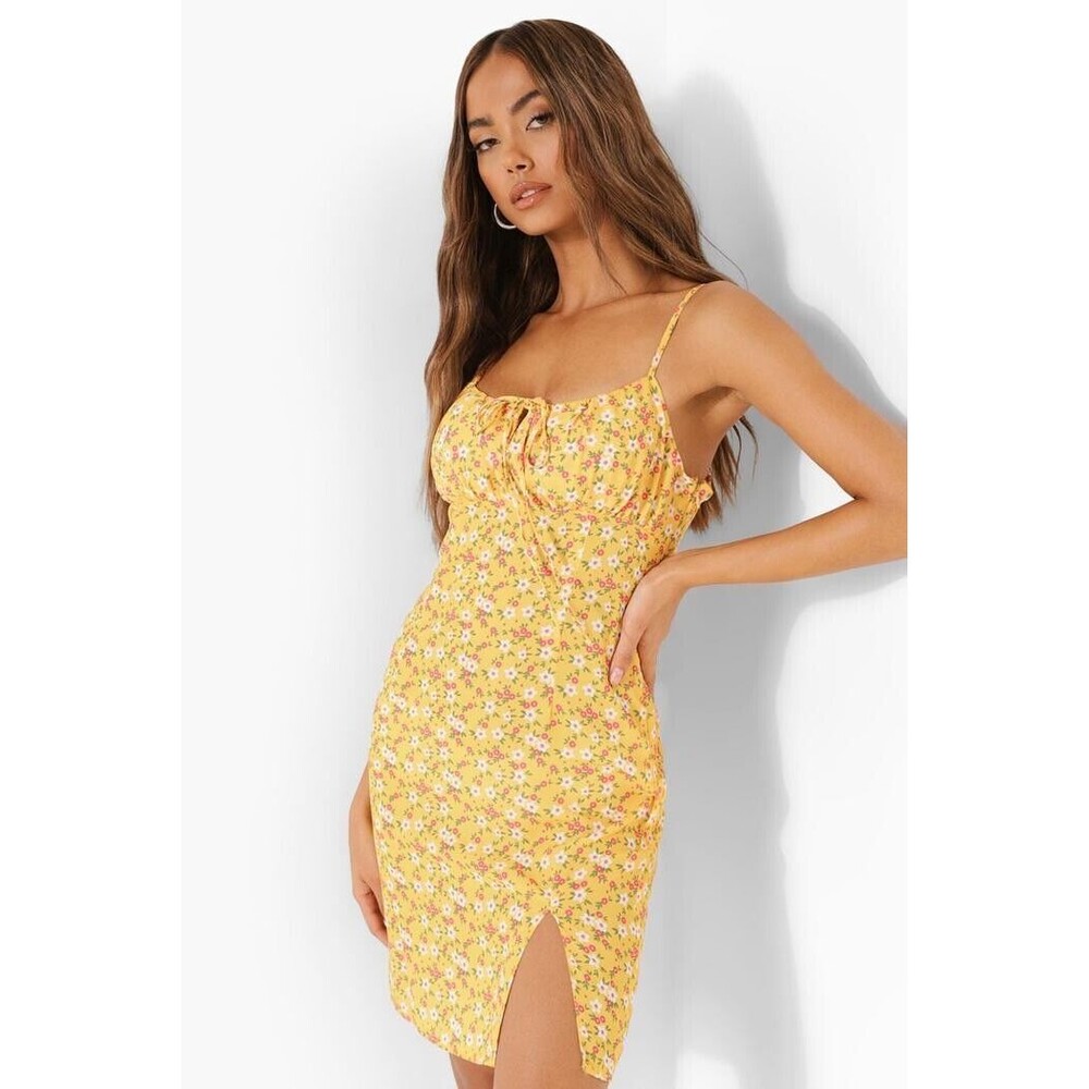 Boohoo Women’s Size 6 Ditsy Floral Tie Front Mini Dress Mustard